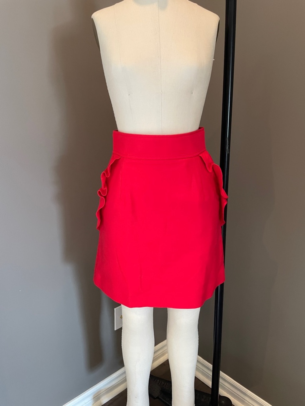 Sandro Cherry Red Mini Skirt with Side Ruffle Panels